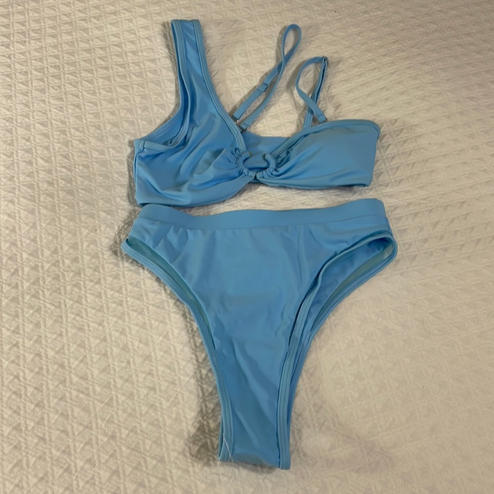 Sky blue women’s high waist retro convertible one shoulder 2 piece swim suit S